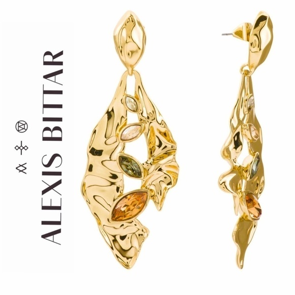 Alexis Bittar Jewelry - ALEXIS BITTAR Crumpled Metal Navette Drop Earrings w/Swarovski Crystal Gemstones